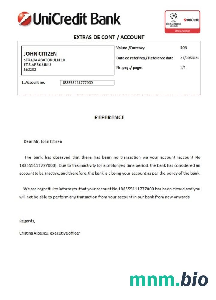 Przykład zamknięcia banku w Rumunii UniCredit w formatach Word i PDF